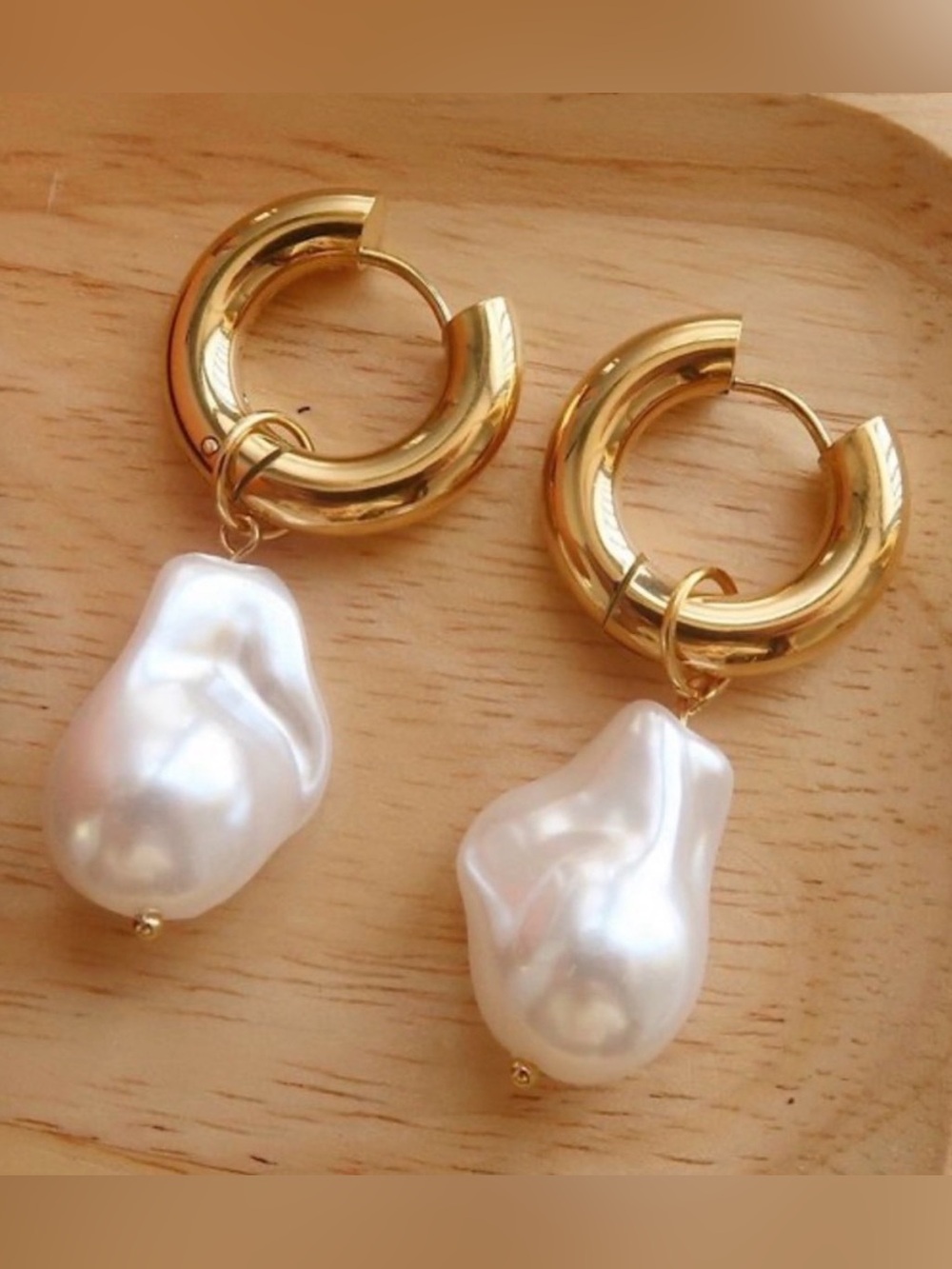 Gold Hoop Earrings with Irregular Pearl Drop Chic Statement Jewelry - Picture 7 of 10